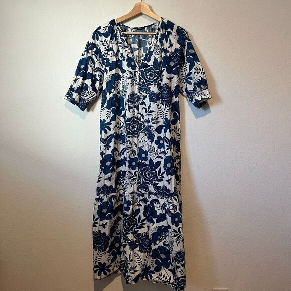 Zingara Blue White Floral Half Sleeve Midi Tea Dress Women's Size Small - Picture 2 of 7